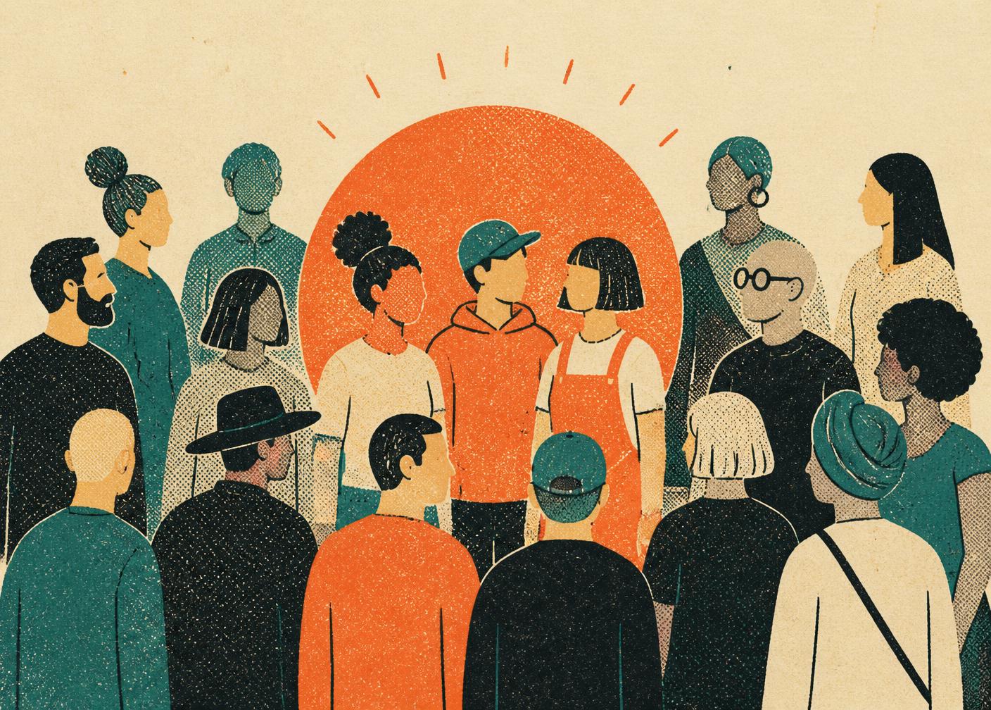 Illustration sérigraphiée d'une foule où quelques personnes sont enfin remarquées